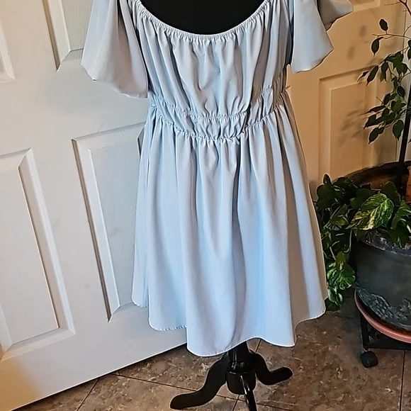 Merikeety blue off the shoulder dress, has side pockets. - Picture 5 of 8